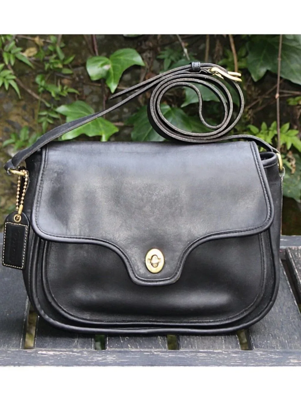 Coach Vintage - Lenox Crossbody Bag 9918, Black + Brass Turnlock, USA 1980s
